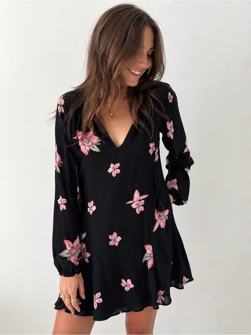 Reformation Black Floral V-Neck Long Sleeve Mini Dress